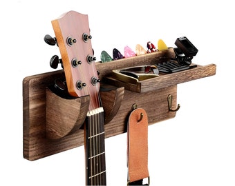 Wooden Guitar Rack with Shelf and Hooks, Guitar Wall Hanger, Guitar Stand With Pick Holder