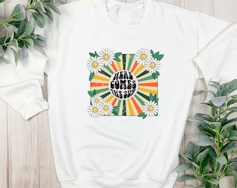 Hier komt het Sun Sweatshirt voor vrouwen, Travel Beach Vacation, Sunshine Sweatshirt, Beatles Retro Sweatshirt Motiverend cadeau voor haar