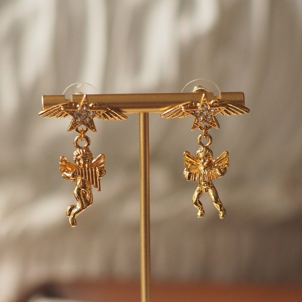 Kirks Folly Golden Star Flying Angel Charm Dangle Ear-stud Earring