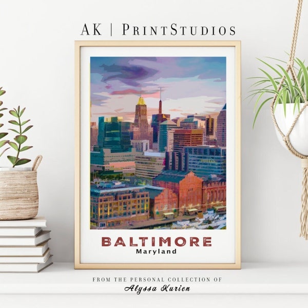 Baltimore Maryland Retro Travel Poster, Charm City PRINTABLE Vacation Poster Inner Harbor Painting Baltimore Ravens, *Instant Download File*