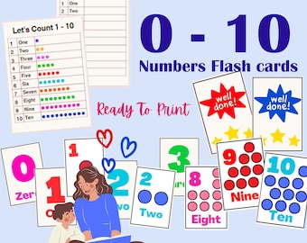 Tarjetas Flash de Números 0 - 10 / Descarga Digital Tarjetas Flash para Niños para Niños Pequeños / para Niños / Preescolar, Imprimibles de Aprendizaje para Niños Montessori