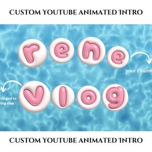 May include: A digital graphic for a custom YouTube animated intro. The word "rene" and "vlog" are displayed in pink bubble letters on a white background. The text "your channel name" and "can be changed to something else" are also included.