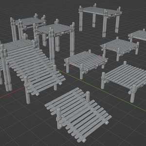 May include: A set of seven gray wooden platforms with various shapes and sizes. The platforms are made of planks and supported by wooden posts. The platforms are arranged in a staggered pattern on a gray grid background.