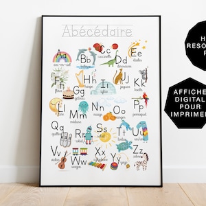Póster Abecédaire, Póster digital de las letras del abecedario en francés, decorativo y educativo. cartel digital