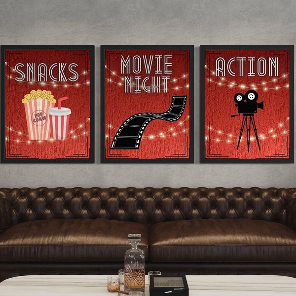 Home Movie Theatre Posters - Cinema Style Movie Displays - Lights, Camera, Action Retro Themed Billboard Decor - Marquee - DIGITAL DOWNLOAD