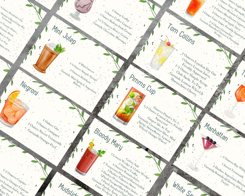 40 Classic Cocktail Recipe Cards in Digital Downloadable Format