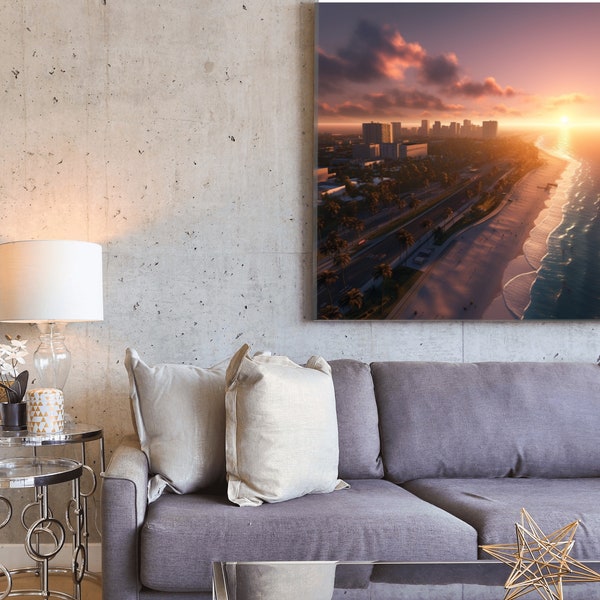 Miami "Vice" City Shoreline Inspired Canvas - 10" x 8" (1" Depth) in size - Sunset Beach - Florida Keys Print
