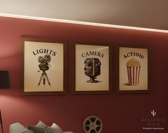 Lights Camera Action Poster Set – Vintage Cinema Wall Art for Home Theater | Printable Movie Room Decor (Digital Download)