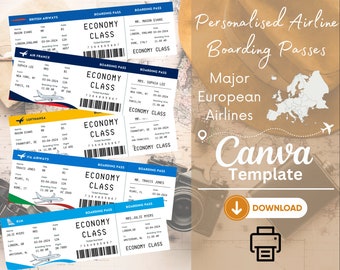 Customizable Airline Boarding Passes - Major European Airlines - Mock Up Airplane Tickets - Trip Gift Reveal Tickets - *DIGITAL DOWNLOAD*