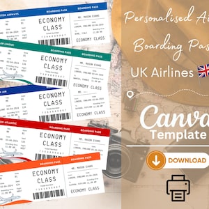 Cartes d'embarquement personnalisables - Principales compagnies aériennes britanniques - Maquettes de billets d'avion - Cadeaux de voyage - Révélation de billets - * TÉLÉCHARGEMENT NUMÉRIQUE *