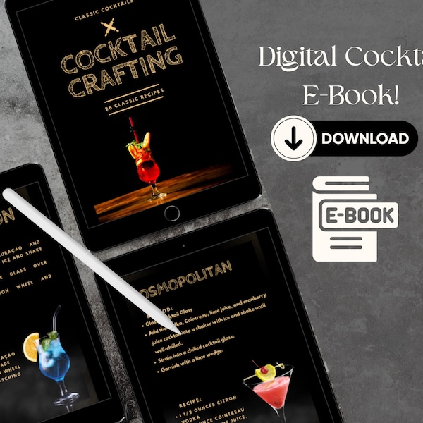 Cocktail Recipe e-Book - 26 Cocktail Crafting Downloadable Recipe - Bartender Training Digital Cocktail Recipe's - Alcoholic Drinks Menu