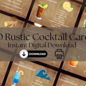 Rustic Cocktail Recipe Cards Digital Download - Vintage Drink Templates - DIY Bar Decor - Instant Download PDF - Printable Cocktails