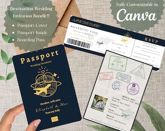 Destination Wedding Invitations - Passport Cover & Boarding Pass Customizable Template Link - Edit in Canva - *Digital Download*