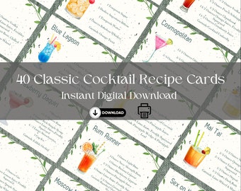 40 Classic Cocktail Recipe Cards in Digital Downloadable Format - Minimalist Design - Bartender Training Bundle Pack