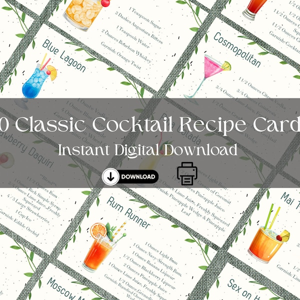 40 Classic Cocktail Recipe Cards in Digital Downloadable Format - Minimalist Design - Bartender Training Bundle Pack