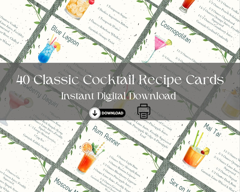40 Classic Cocktail Recipe Cards in Digital Downloadable Format