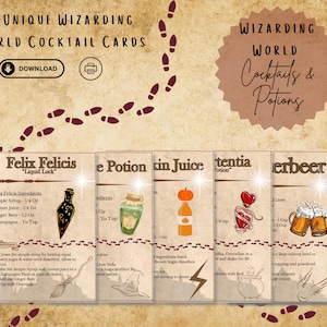 Op de afbeelding: Acht printbare cocktailkaarten met toverwereldthema's. Elke kaart heeft een kleurrijke illustratie en instructies voor het maken van de drank. De dranken omvatten Felix Felicis, De Drank, Pompoensoep, Amortentia en Botterbier.