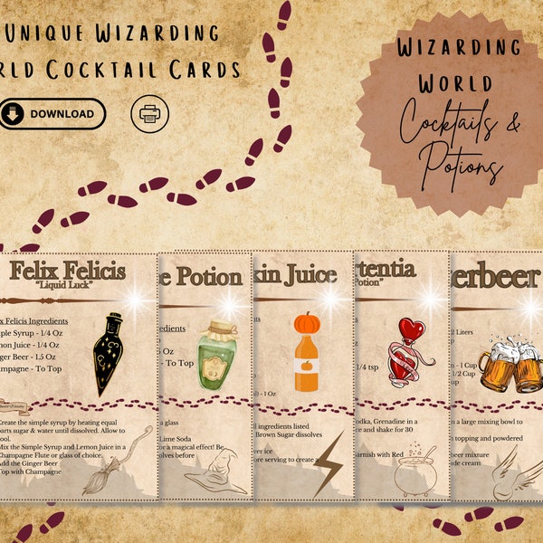 Wizarding World Inspired Potions & Cocktail Cards - 8 Unique Recipe Cards - Butterbeer, Polyjuice, Pumpkin Juice - **DIGITAL DOWNLOAD**