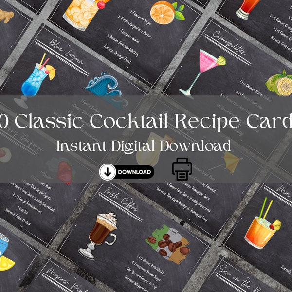 40 Classic Cocktail Recipe Cards in Digital Downloadable Format w/ FREE Bonus Cocktail Recipe e-Book - Bartender Training Bundle Pack