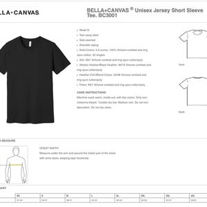 May include: A black V-neck short-sleeve t-shirt with the text "BELLA+CANVAS" on the top left corner. The t-shirt is shown on a white background with a size chart and care instructions. The text "Unisex Jersey Short Sleeve Tee. BC3001" is also shown on the top right corner.