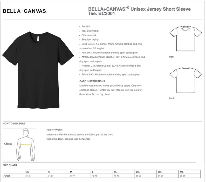 May include: A black V-neck short-sleeve t-shirt with the text "BELLA+CANVAS" on the top left corner. The t-shirt is shown on a white background with a size chart and care instructions. The text "Unisex Jersey Short Sleeve Tee. BC3001" is also shown on the top right corner.