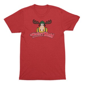 May include: Red t-shirt with a cartoon moose wearing a hat and the text "Wally World" in a retro font.