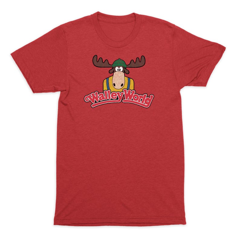 May include: Red t-shirt with a cartoon moose wearing a hat and the text "Wally World" in a retro font.
