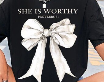 She is Worthy PNG, White Coquette Bow Christian PNG, Christian quote png, White bow png, png christian coquette, christian coquette bow png