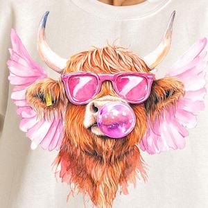 Highland cow bubble png, bubble gum, highland cow glasses, watercolor cow png, highland cow png, cow t shirt png, Cow Blowing Bubble png