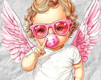 Cupid blowing bubble PNG, Baby cupid png, Valentine png, Valentines day png,Preppy cupid png, Cupid with sunglasses png, Retro Valentine png