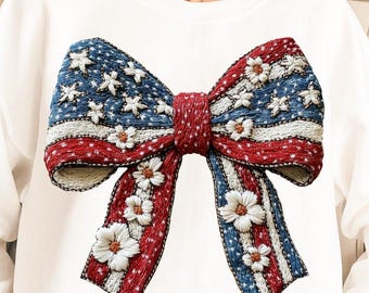 Embroidery coquette bow png, American flag bow png, Usa bow png, Floral usa png, Girly usa png,4th of July png, Usa png,Independence Day png