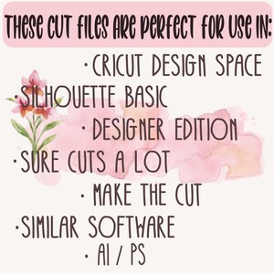 May include: A pink and white watercolour background with black text that reads "THESE CUT FILES ARE PERFECT FOR USE IN:" followed by a list of software programs including Cricut Design Space, Silhouette Basic, Designer Edition, Sure Cuts A Lot, Make the Cut, Similar Software, and AI/PS.