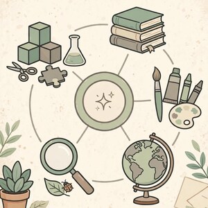 May include: A Unit Study Planner graphic featuring a central circle with a sparkle icon surrounded by illustrations of books, art supplies, a globe, a magnifying glass, blocks, scissors, a puzzle piece, a flask, a potted plant, a pencil, and an acorn.