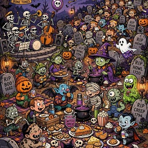 May include: A colorful illustration of a graveyard picnic featuring a skeleton band labeled Bone Tones, various monsters, ghosts, and creatures eating cookies, pie, and witch brew. The scene includes numerous tombstones with RIP text.