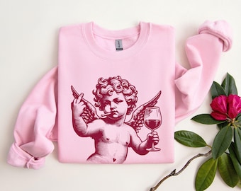 Funny Anti-Valentine Cupid Sweatshirt, Sarcastic Wine Lover Gift