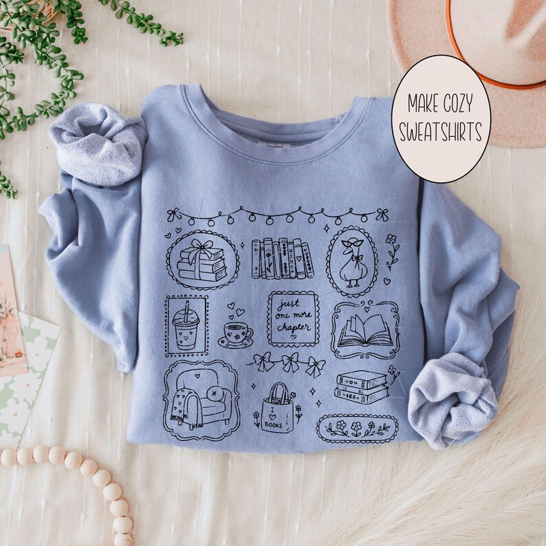 Just One More Chapter PNG Bundle: Cozy Book Lover T-Shirt Designs, Cottagecore Bookworm Doodles, Coquette Reader Art, Digital Download image 11