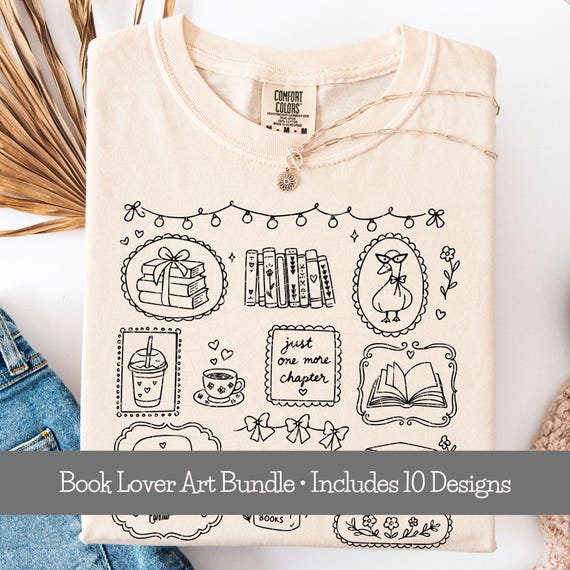 Just One More Chapter PNG Bundle: Cozy Book Lover T-Shirt Designs, Cottagecore Bookworm Doodles, Coquette Reader Art, Digital Download