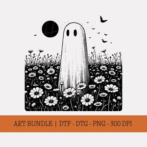 May include: Black and white illustration of a ghost in a field of daisies under a full moon, with bats flying in the sky. The text "ART BUNDLE | DTF - DTG - PNG - 300 DPI" is at the bottom. A whimsical design for Halloween or spooky season.