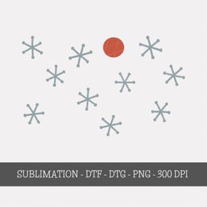 May include: A white background with a pattern of light blue starburst shapes and a single red circle. The text at the bottom reads: SUBLIMATION - DTF - DTG - PNG - 300 DPI.