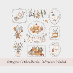 Pode incluir: Ilustração digital de um pacote de cozinha cottagecore com 16 versões incluídas. A imagem apresenta várias ilustrações com temas de cozinha, incluindo uma chaleira, um ganso, produtos de panificação e uma cesta de comida. O texto "Cottagecore Kitchen Bundle" está na parte inferior.