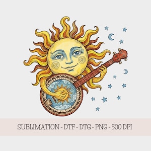 Musikalisk sol PNG och SVG: Celestial Sunnyside folkkonst T-shirtdesign, digital nedladdning