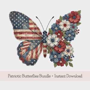 Puede incluir: Un diseño de mariposa patriótica con un ala que presenta la bandera estadounidense y la otra adornada con flores rojas, blancas y azules. La mariposa tiene una estética vintage cosida, ideal para el Día de la Independencia.