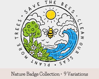 Rettet die Bienen (PNG- und SVG-Bundle), Pflanzt mehr Bäume, säubert unsere Meere, Natur-Abzeichen (SVG), Doodle zum Tag der Erde, Design für Öko-Shirts, Cricut-Dateien
