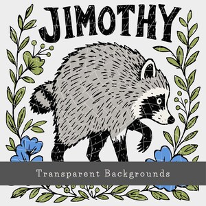 May include: A graphic illustration of a raccoon with grey and black fur, positioned centrally. The text JIMOTHY appears above in a bold, hand-drawn font. The raccoon is framed by green leafy vines and blue flowers on a light grey background.