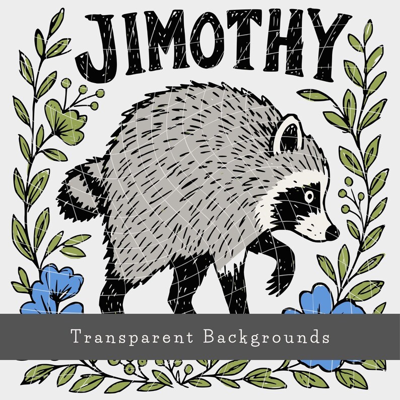 May include: A graphic illustration of a raccoon with grey and black fur, positioned centrally. The text JIMOTHY appears above in a bold, hand-drawn font. The raccoon is framed by green leafy vines and blue flowers on a light grey background.