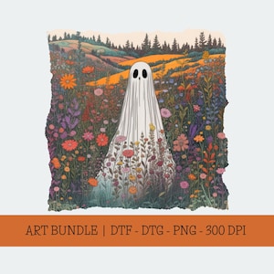 May include: A whimsical illustration of a ghost in a white sheet, standing in a vibrant field of colorful wildflowers. The background features rolling hills and a forest under a warm sky. Text at the bottom reads "ART BUNDLE | DTF - DTG - PNG - 300 DPI".