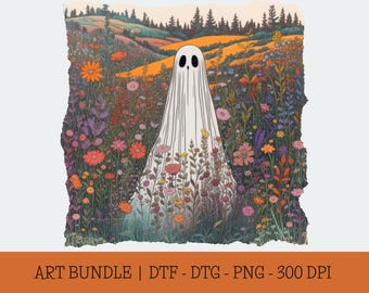 Ghosts in Wildflowers PNG Art Bundle: Halloween Floral Ghostcore Art for T-Shirts, Digital Download