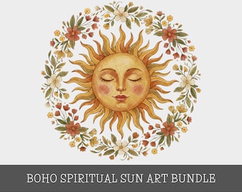 Spiritual Sun PNG Art Bundle:  Celestial Bohemian Vintage Style Floral T-Shirt Design, Digital Download