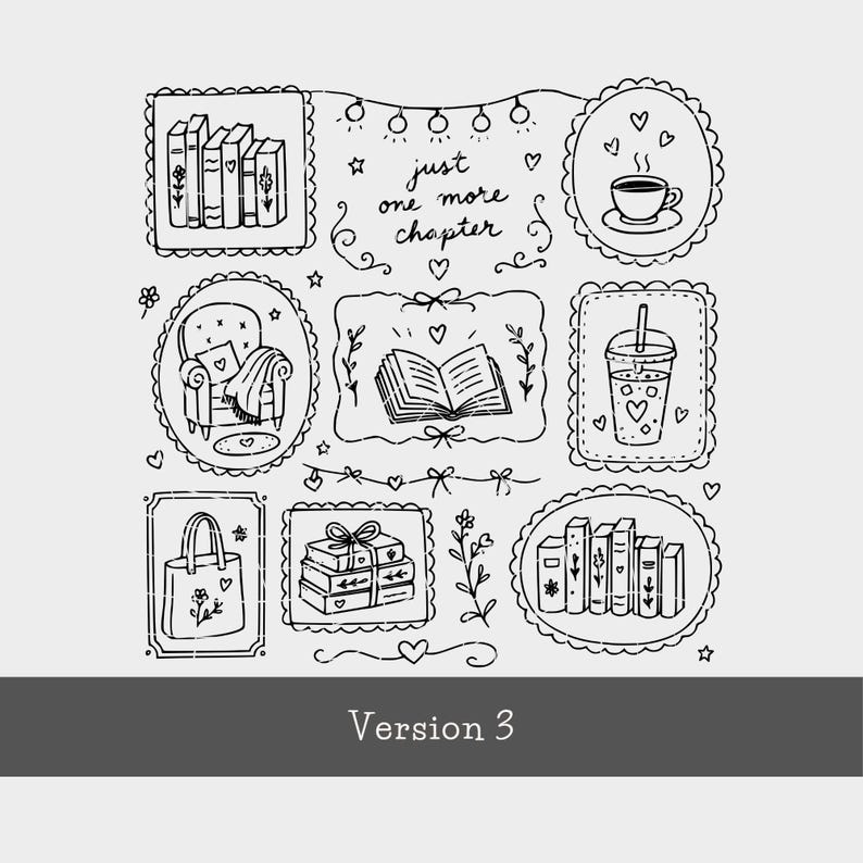 Just One More Chapter PNG Bundle: Cozy Book Lover T-Shirt Designs, Cottagecore Bookworm Doodles, Coquette Reader Art, Digital Download image 6