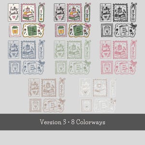 Op de afbeelding: Een digitaal stickervel met acht kleurvarianten van illustraties met een boeken-thema. Elke set bevat een gelinieerd label met de tekst Fully Booked, een stapel boeken met een kaars, een bloemrijke boekenlegger, een koffiebeker en een boek met de tekst One More Chapter.
